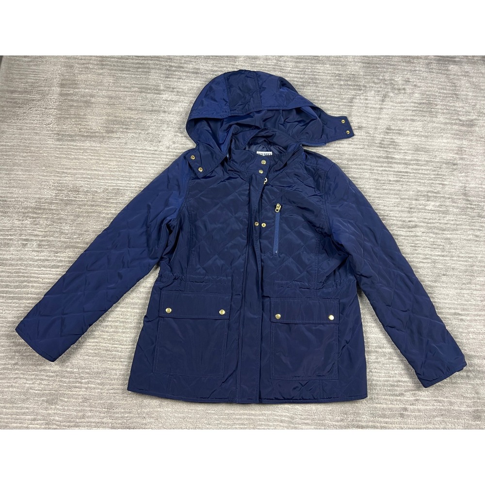 Old Navy Field Jacket Women Large Navy Blue Quilted Detachable Hood Utility Coat